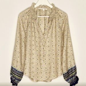 Veronica Beard Antonette Silk Abstract Geo Print Long Sleeve Ruffle Top Blouse